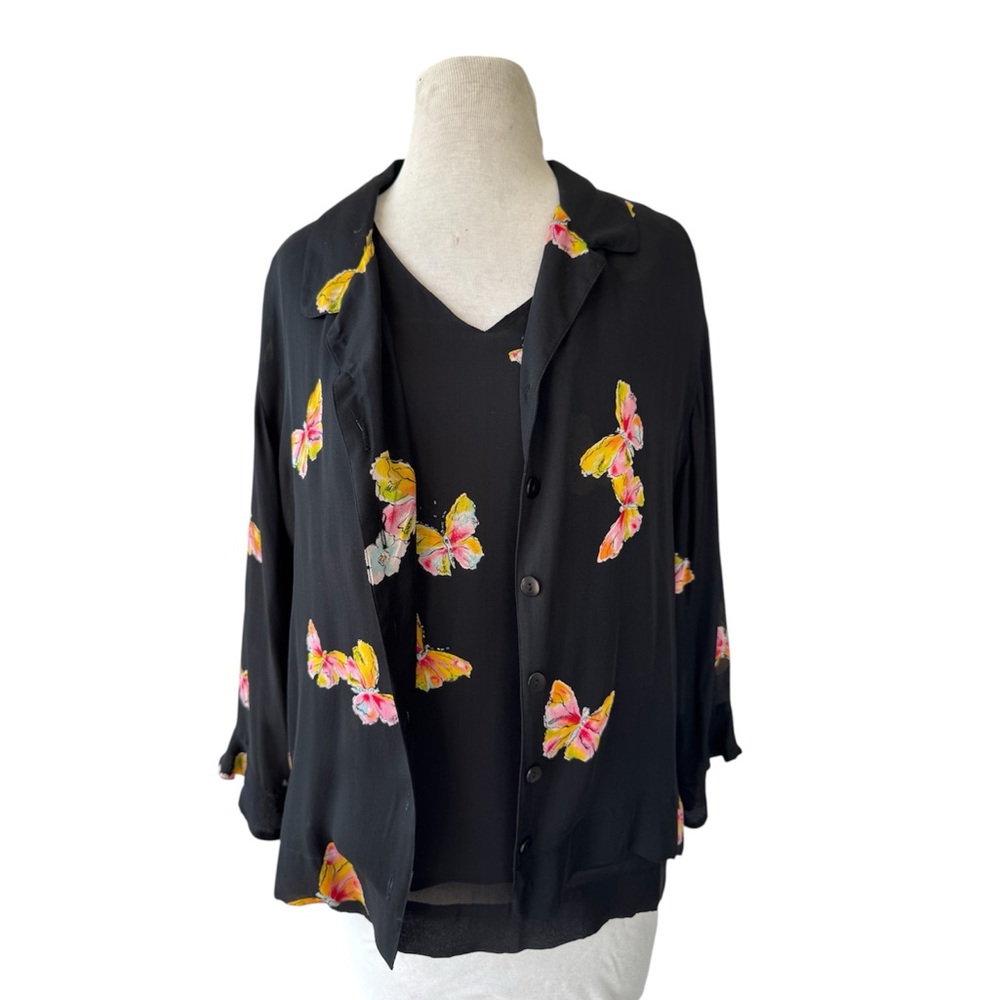 Vtg C.A Sport Magic Sheer Silk Butterfly 2pc Top & Tank Sz XL Fairycore 90s